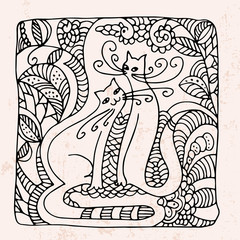 Decorative hand drawn cats in square doodle