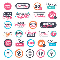 Obraz premium Sale shopping stickers and banners. Beach holidays icons. Ball, umbrella and flip-flops sandals signs. Lifebuoy symbol. Website badges. Black friday. Vector