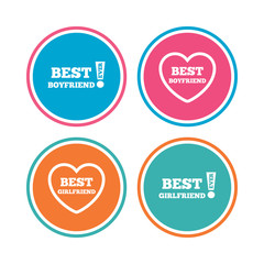 Best boyfriend and girlfriend icons. Heart love signs. Awards with exclamation symbol. Colored circle buttons. Vector