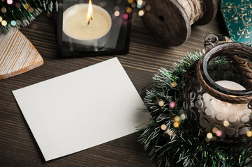 blank post card paper, candles in lanterns