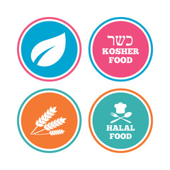 Natural food icons. Halal and Kosher signs. Gluten free. Chief hat with fork and spoon symbol. Colored circle buttons. Vector