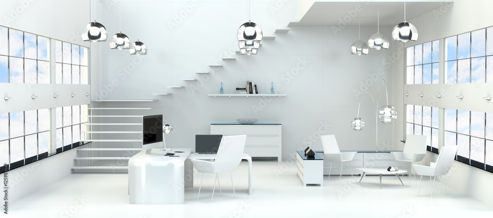 Poster modern white office interior with computer and devices 3d render