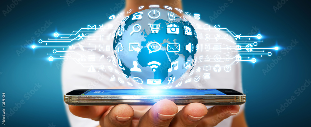Poster businessman using digital world with web icons