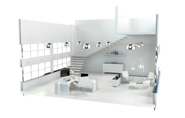 Depth of focus on modern white office interior 3D rendering