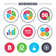 Business pie chart. Growth graph. Bitcoin icons. Electronic wallet sign. Cash money symbol. Super sale and discount buttons. Vector