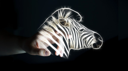 Person touching fractal endangered zebra illustration 3D renderi