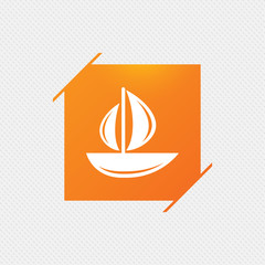 Sail boat icon. Ship sign. Shipment delivery symbol. Orange square label on pattern. Vector