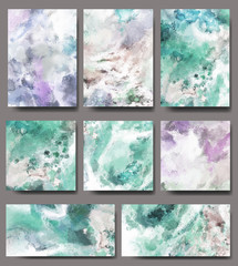 Set of creative universal artistic cards. Colorful design for invitation, placard, brochure, poster, banner, flyer. party. Fashion, abstract  illustration, template. Watercolor splash. green, pink