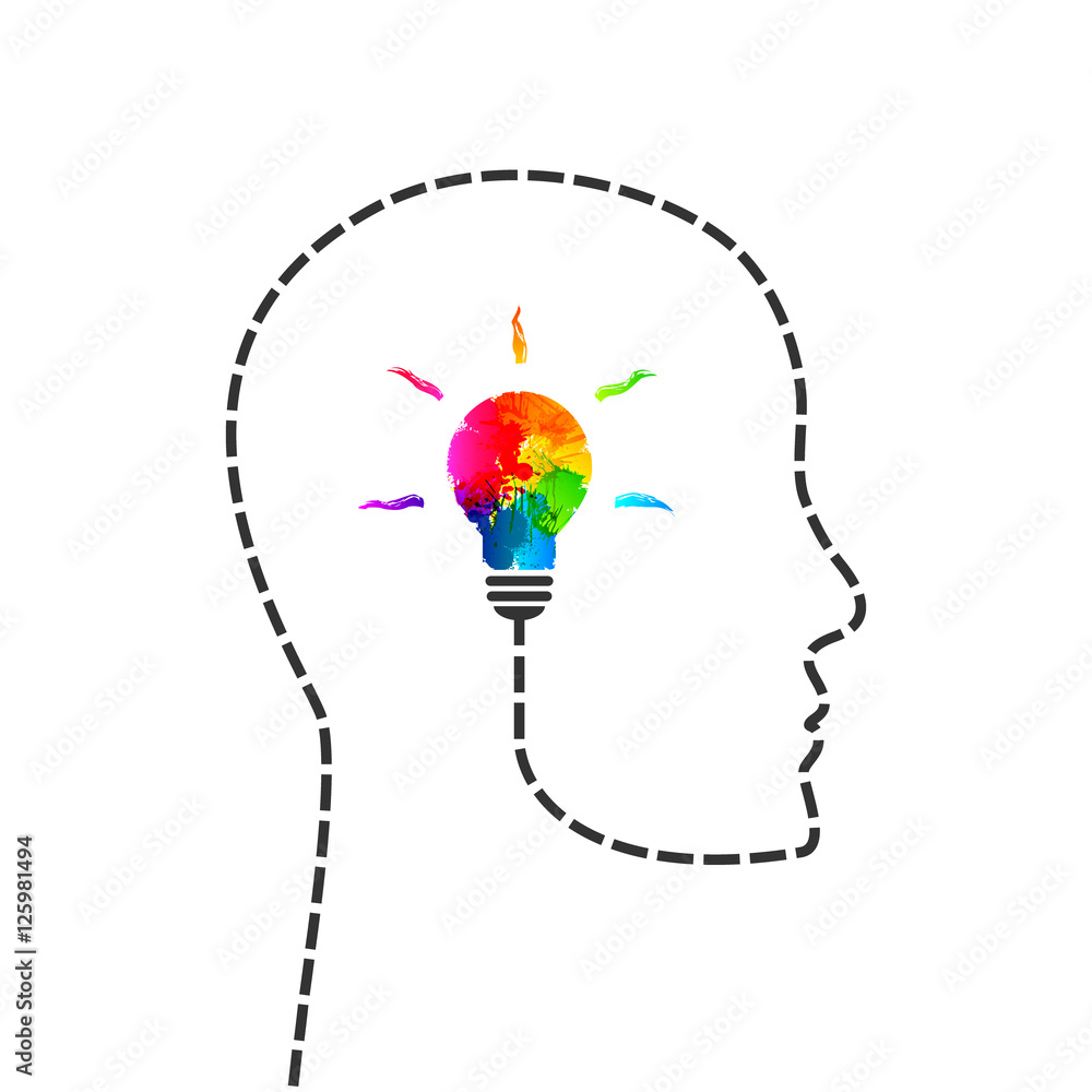 Poster creative thinking and idea concept with profile line and lightbulb made of colorful paint