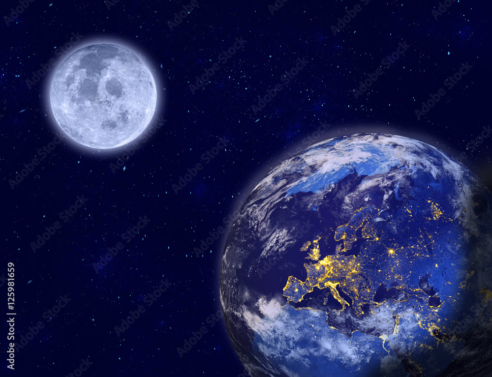 Wall mural planet earth and full moon on night sky. elements of this image furnished by nasa. 3d rendering of p