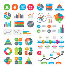 Business charts. Growth graph. Happy new year icon. Christmas tree and gift box sign symbols. Market report presentation. Vector