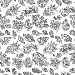 Abstract black and white cute pattern with hand drawn leafs elem