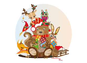 Eine kunterbunte Weihnachtsfeier der Waldtiere.
Bär,Eule,Igel,Hase,Eichhörnchen,Fuchs,Rentier und Vogel.
Eine lustige Weihnachtsgesellschaft aus verschiedenen Tieren des Waldes