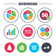 Business pie chart. Growth graph. Happy new year icon. Christmas trees signs. World globe symbol. Super sale and discount buttons. Vector