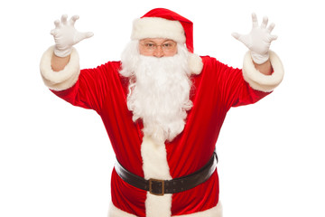 Shocked Santa Claus raising his hands scares, isolated on white background Christmas