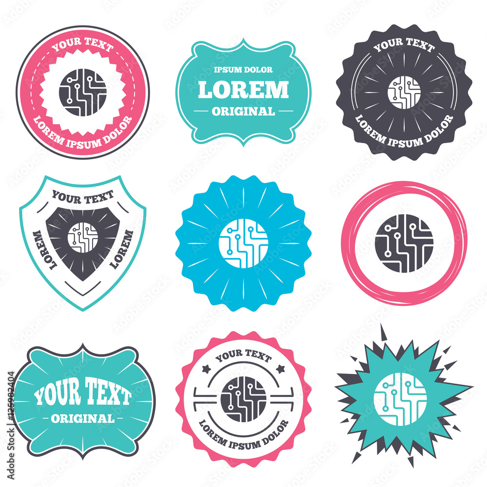 Aufkleber label and badge templates. circuit board sign icon. technology scheme circle symbol. retro style ban