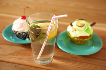 beautiful ice cream and drinks on the wooden table
