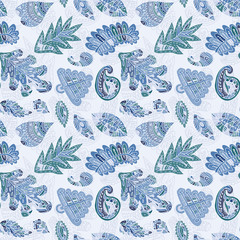 Abstract blue cute pattern with hand drawn leafs elements
