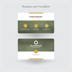Golden and Gray Business Card Print Template. Personal Visiting Card with Company Logo. Clean Flat Design. Rounded Corners. Vector Illustration. Business Card Mockup with Shadows