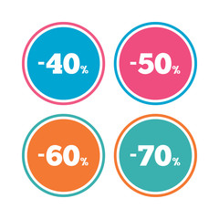 Sale discount icons. Special offer price signs. 40, 50, 60 and 70 percent off reduction symbols. Colored circle buttons. Vector