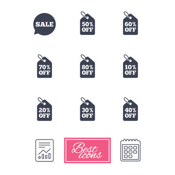 Sale discounts icons. Special offer signs. Shopping price tag symbols. Report document, calendar icons. Vector