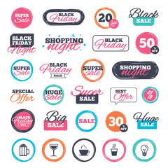 Sale shopping stickers and banners. Drinks icons. Coffee cup and glass of beer symbols. Wine glass sign. Website badges. Black friday. Vector