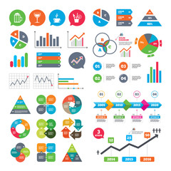 Business charts. Growth graph. Drinks icons. Coffee cup and glass of beer symbols. Wine glass and cocktail signs. Market report presentation. Vector