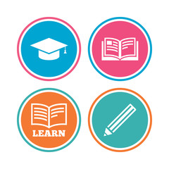 Pencil and open book icons. Graduation cap symbol. Higher education learn signs. Colored circle buttons. Vector