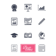 Education and study icon. Presentation signs. Report, analysis and award medal symbols. Report document, calendar icons. Vector