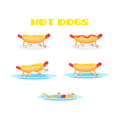 Hot dog set. Cartoon hot dog live. Comic characters. Cute food