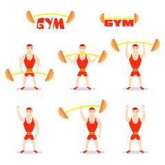 Cartoon man barbell exercises: squat, deadlift, overhead press. Weight lifting illustration. Cute athlete