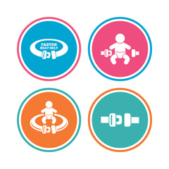 Fasten seat belt icons. Child safety in accident symbols. Vehicle safety belt signs. Colored circle buttons. Vector