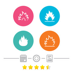 Fire flame icons. Heat symbols. Inflammable signs. Calendar, cogwheel and report linear icons. Star vote ranking. Vector