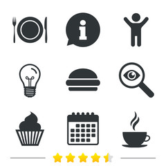 Food and drink icons. Muffin cupcake symbol. Plate dish with fork and knife sign. Hot coffee cup and hamburger. Information, light bulb and calendar icons. Investigate magnifier. Vector
