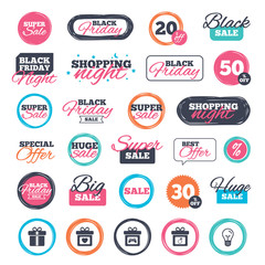 Sale shopping stickers and banners. Gift box sign icons. Present with bow and ribbons symbols. Engagement ring sign. Video game joystick. Website badges. Black friday. Vector