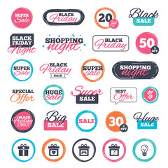 Sale shopping stickers and banners. Gift box sign icons. Present with bow and ribbons symbols. Engagement ring sign. Video game joystick. Website badges. Black friday. Vector