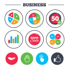 Business pie chart. Growth graph. Hand icons. Like thumb up symbol. Click here press sign. Helping donation hand. Super sale and discount buttons. Vector