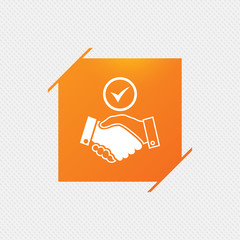 Tick handshake sign icon. Successful business with check mark symbol. Orange square label on pattern. Vector