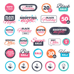 Sale shopping stickers and banners. Handshake icons. World, Smile happy face and house building symbol. Dollar cash money. Amicable agreement. Website badges. Black friday. Vector