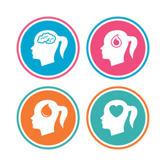 Head with brain icon. Female woman think symbols. Blood drop donation signs. Love heart. Colored circle buttons. Vector