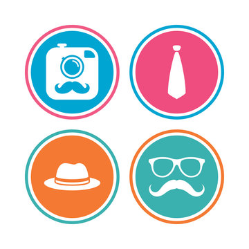 Hipster photo camera with mustache icon. Glasses and tie symbols. Classic hat headdress sign. Colored circle buttons. Vector