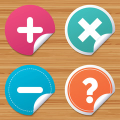 Fototapeta premium Round stickers or website banners. Plus and minus icons. Delete and question FAQ mark signs. Enlarge zoom symbol. Circle badges with bended corner. Vector