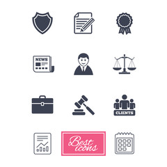 Lawyer, scales of justice icons. Clients, auction hammer and law judge symbols. Newspaper, award and agreement document signs. Report document, calendar icons. Vector