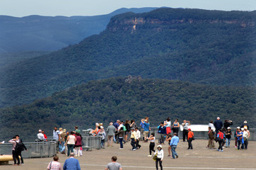 Aerial view of Echo Point Three Sisters lookout in Katoombaa at