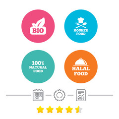 100% Natural Bio food icons. Halal and Kosher signs. Chief hat with fork and spoon symbol. Calendar, cogwheel and report linear icons. Star vote ranking. Vector