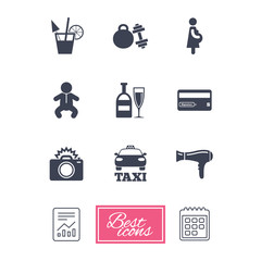 Hotel, apartment service icons. Fitness gym. Alcohol cocktail, taxi and hairdryer symbols. Report document, calendar icons. Vector