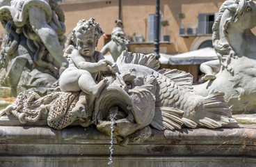 Piazza Navona Fountain of Neptun. Designed by Giacomo della Porta (1574) and Antonio della Bitta. Rome, Italy © parkerspics