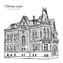 Vintage vector tile old european house, hand drawn mansion, graphic illustration, Historical building ink sketchy line art isolated, touristic postcard, calendar template, book illustration