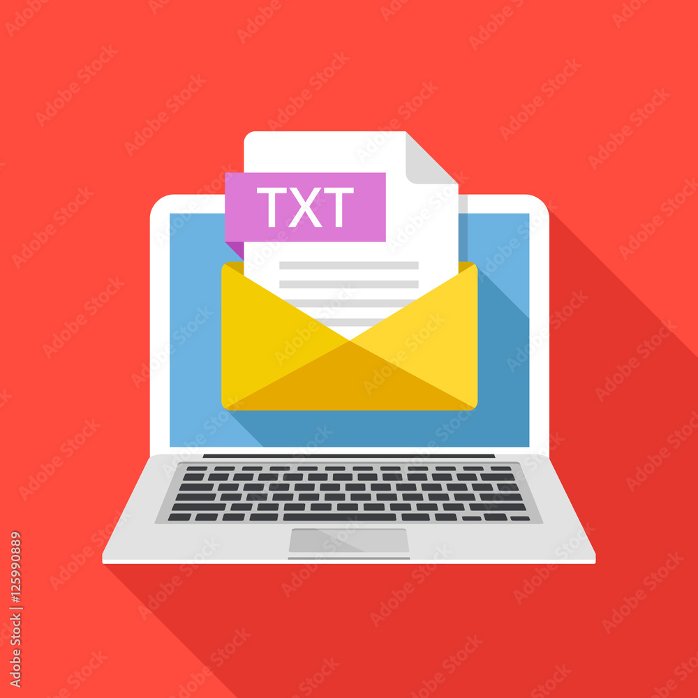 Poster laptop with envelope and txt file extension. notebook, email, file attachment text document. creativ