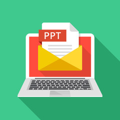 Laptop with envelope and PPT file. Notebook, email, file attachment PPT presentation document. Creative graphic elements and concepts. Modern long shadow flat design. Vector illustration